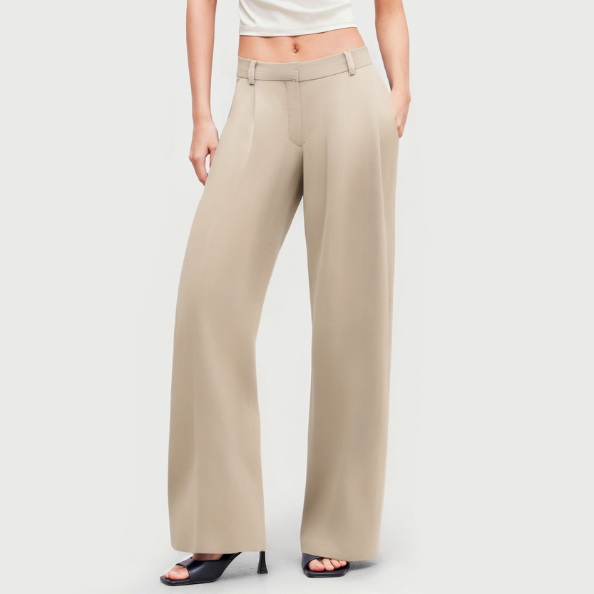 Pleated high waist zip-up wide-leg trousers