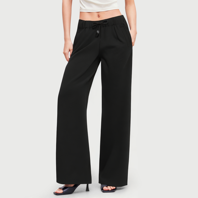 Drawstring waist solid color wide leg casual women's pants