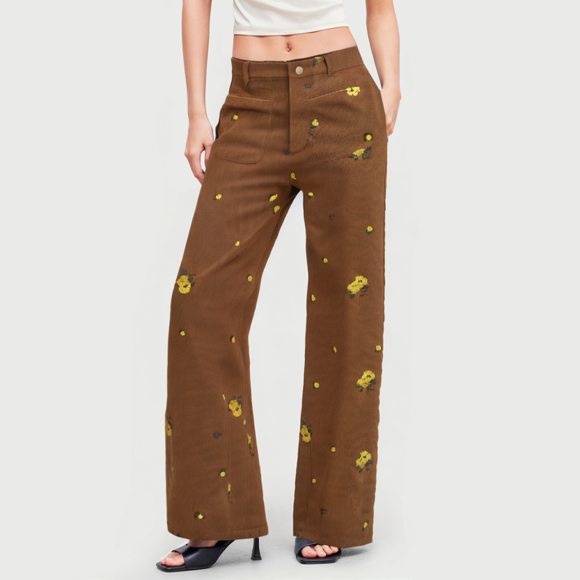 Retro print high waist wide leg casual pants