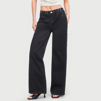Fashion rivet black high waist denim pants