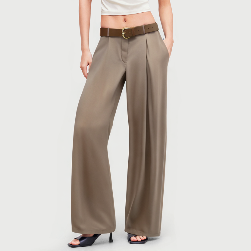 Wide leg brown full length casual pants for women