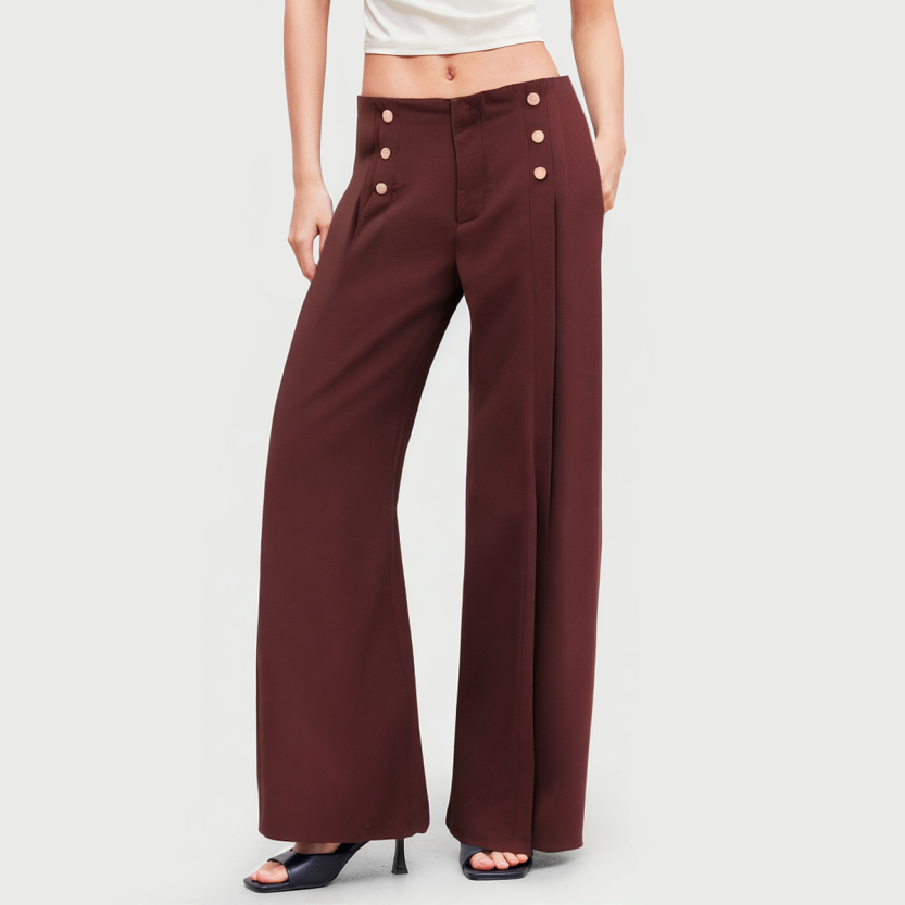 Burgundy pleated full-length casual women's pants