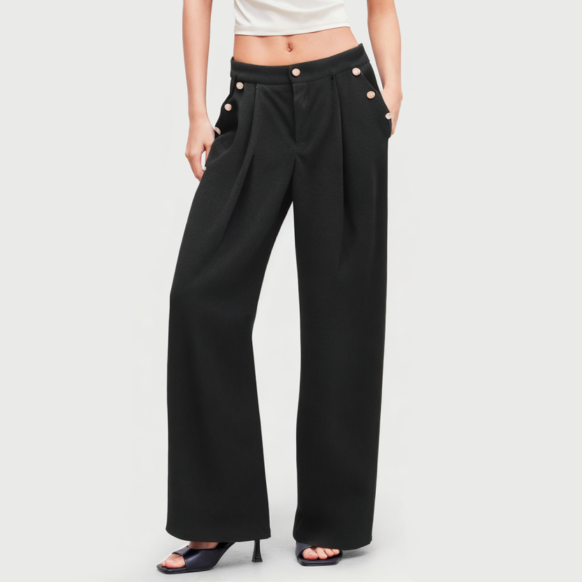 Wide-leg solid color side button casual trousers