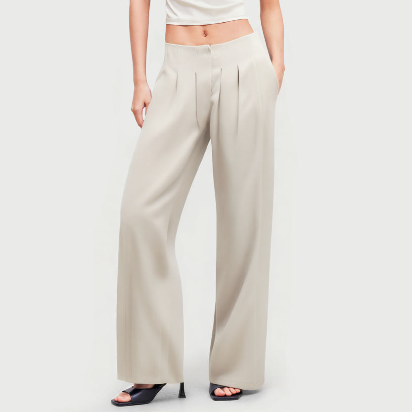 Beige pleated wide-leg casual trousers
