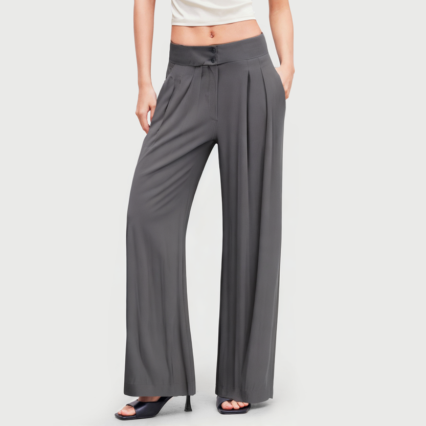 Wide leg grey zippered casual women's trousers