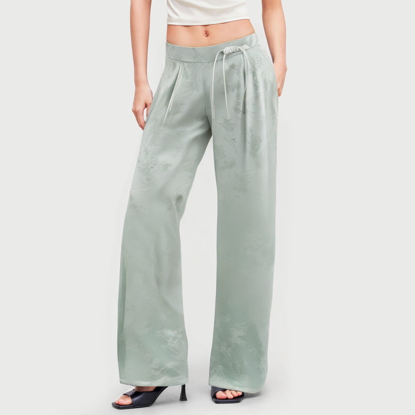 Green printed silky zipper full length women's casual pants
