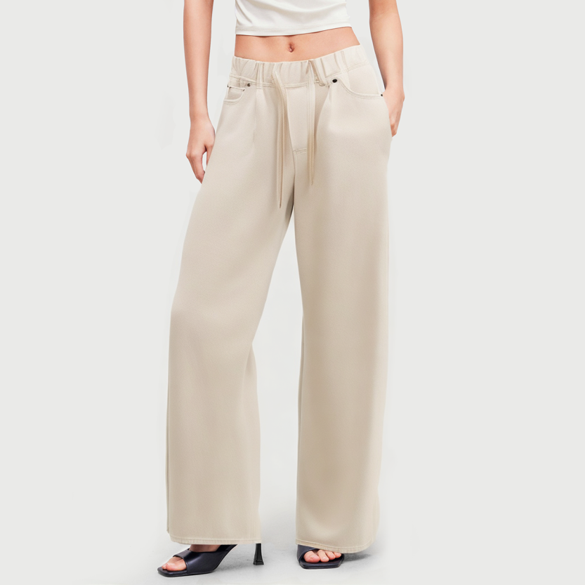 Wide-leg beige denim drawstring waist women's pants