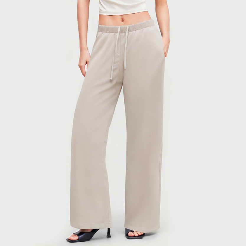 Casual contrast color stitching elastic waist drawstring wide leg pants