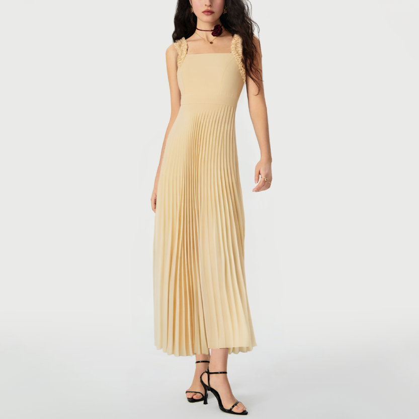 Beige pleated casual dress with straps