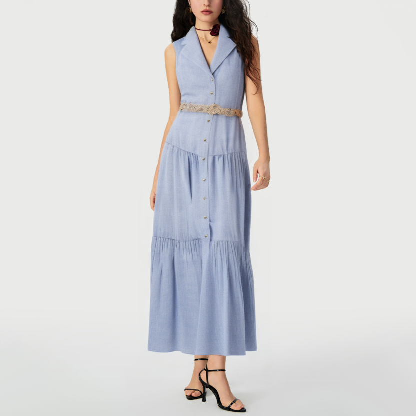 Blue charm notch neck sleeveless button belted maxi dress