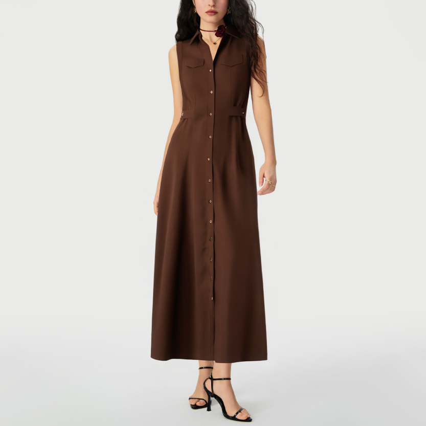 Fresh lapel sleeveless solid color button casual dress
