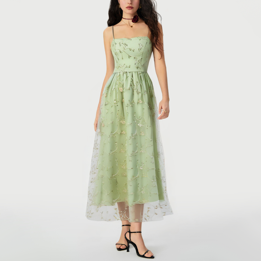 Elegant floral embroidered suspender dress