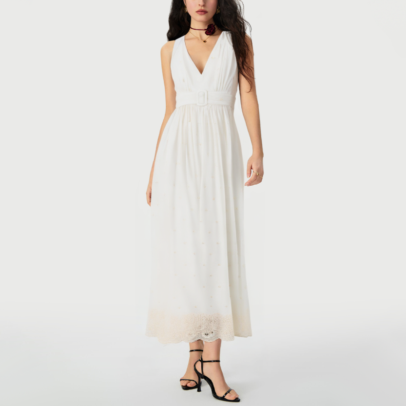 Embroidered belted V-neck sleeveless casual maxi dress