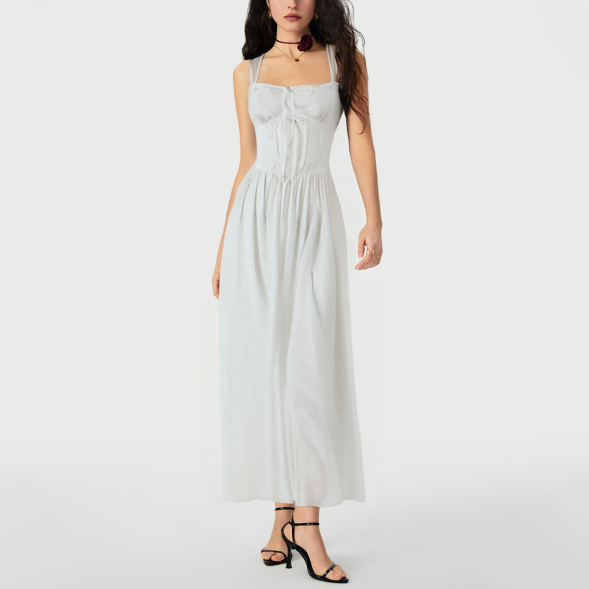 Fresh white lace-up spaghetti strap cotton summer dress