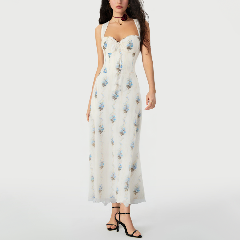 Printed beige lace spaghetti strap casual dress