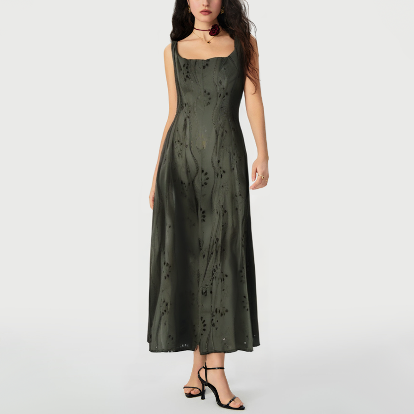 Square neck hollow sleeveless elegant midi dress