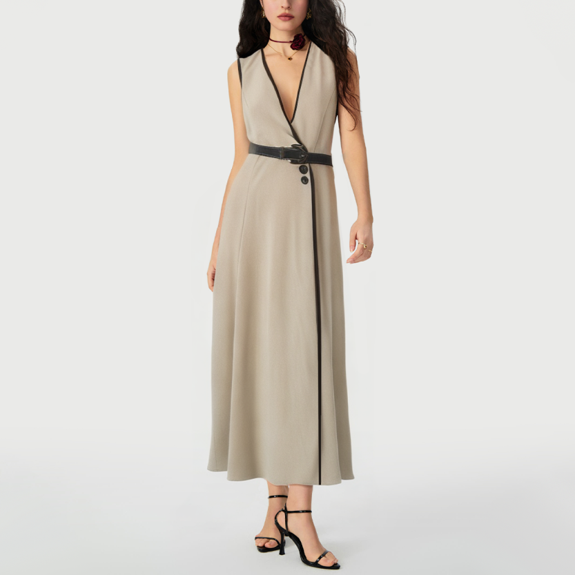 V-neck sleeveless belt women's dress