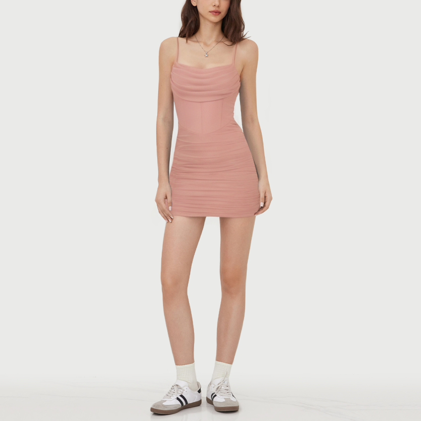 Pastel V-neck solid color pleated sleeveless suspender dress
