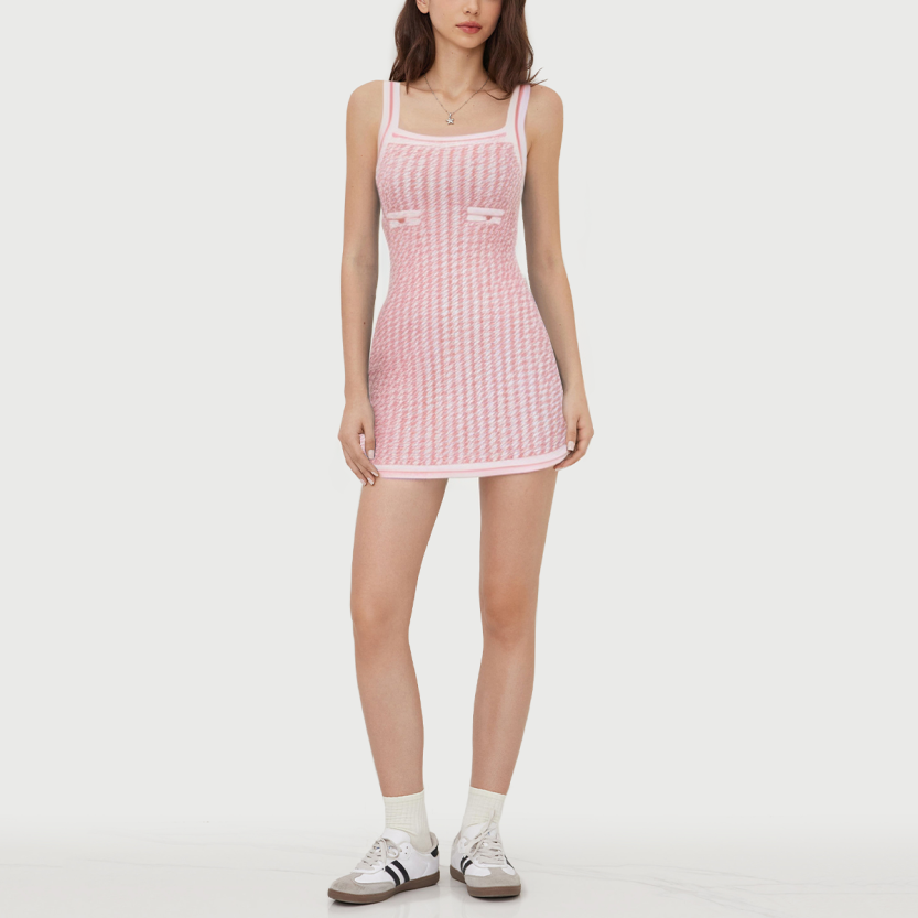 Button-embellished knitted fitted sleeveless mini dress