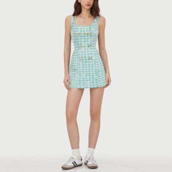 Double pearl button square neck tweed check dress