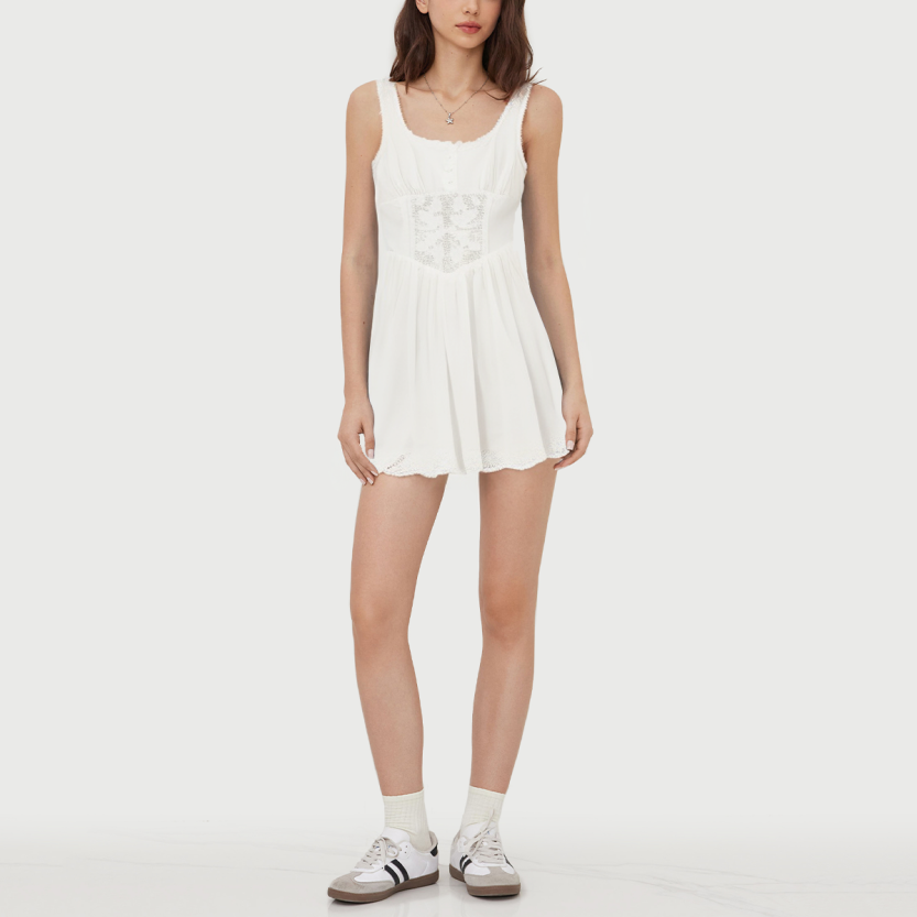 Fresh white floral embroidery spaghetti strap mini casual dress