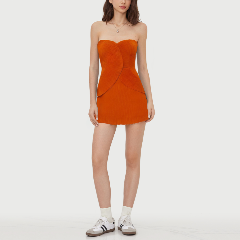 Solid pleated sleeveless off shoulder zip-up dress