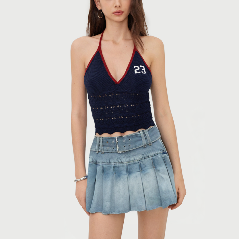 Vintage pleated high waist denim pencil skirt