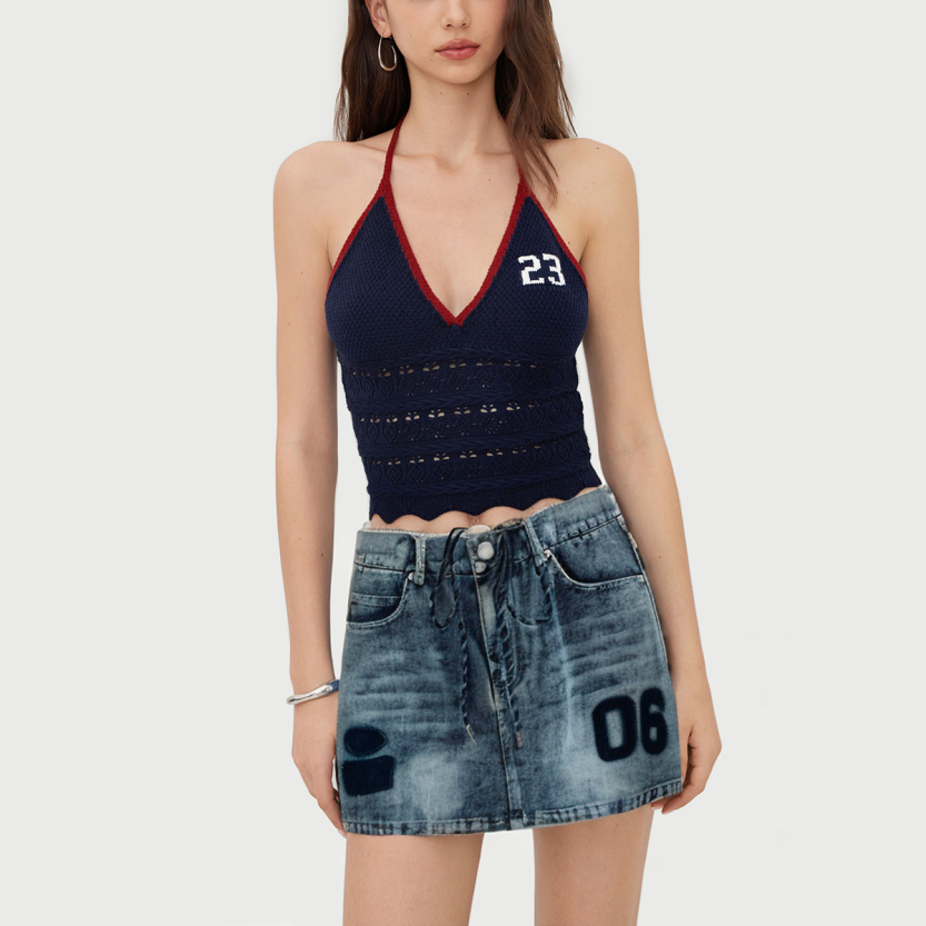 High waist drawstring denim A-line mini skirt