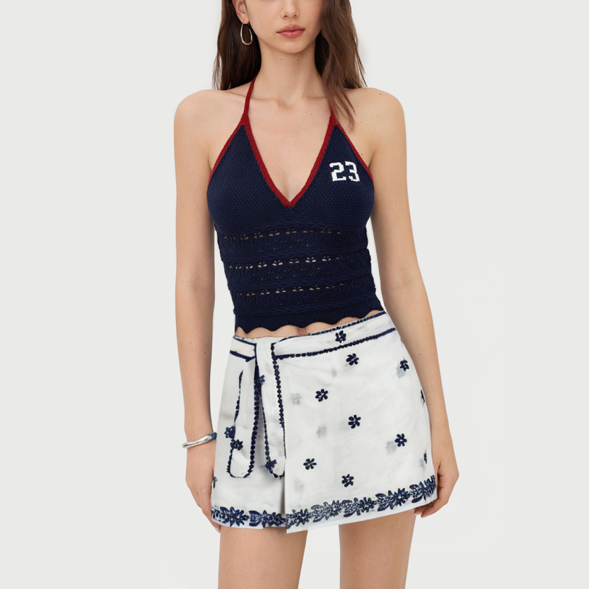 Embroidered wrap floral high waist fishtail mini skirt