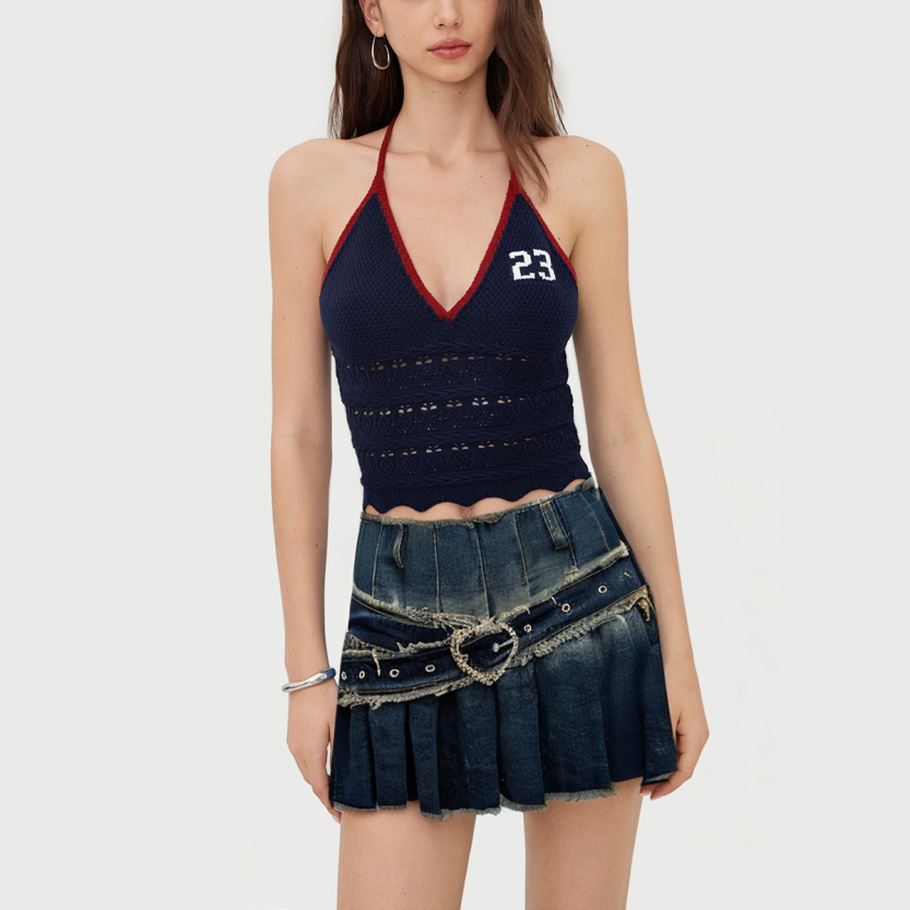 Vintage street style pleated denim cargo skirt