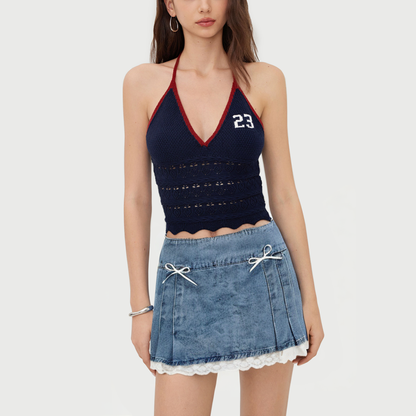High waist pleated denim mini skirt with lace bow