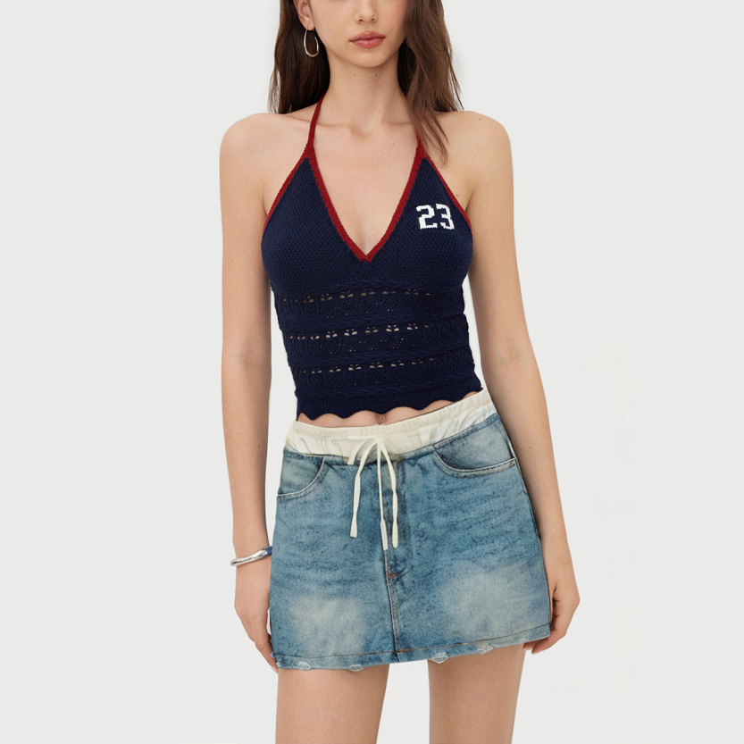 Retro stitching high waist drawstring A-line denim skirt