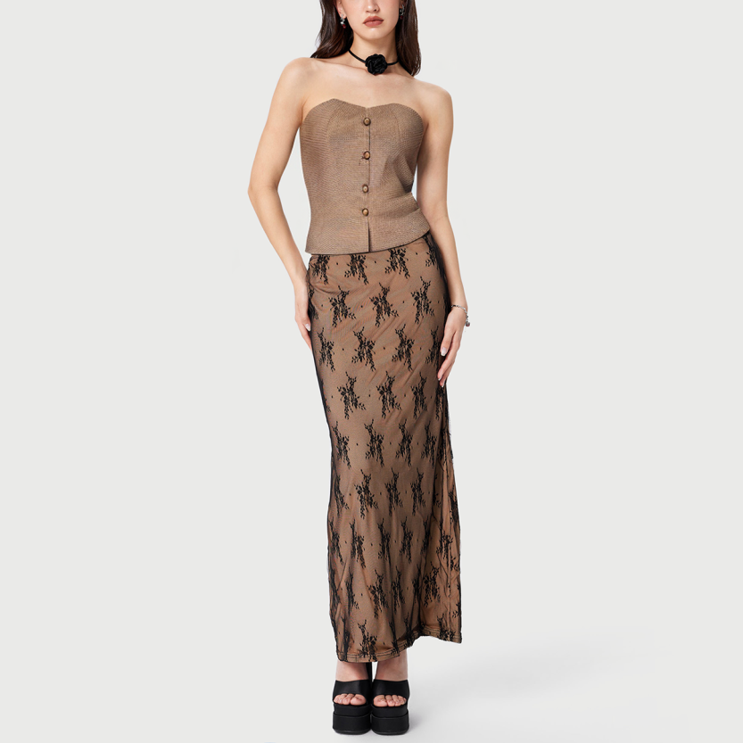 Button-down strapless checked print tweed vest