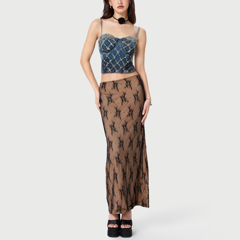 Sexy women's denim beaded bodycon top