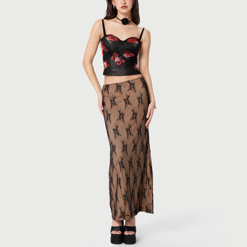 Shadow beaded lace embroidered bodycon tank top