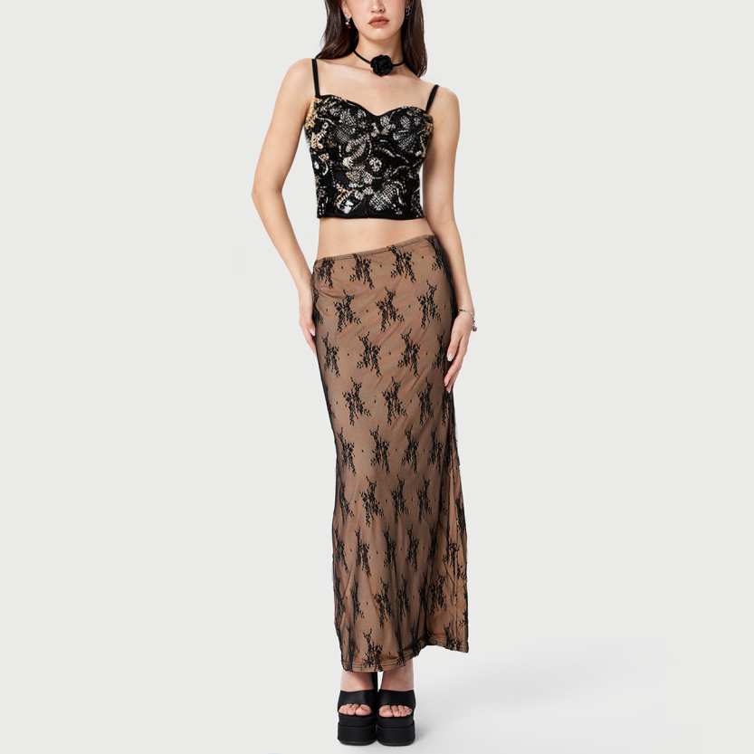 Sequin embroidered mesh sexy women's bodycon top