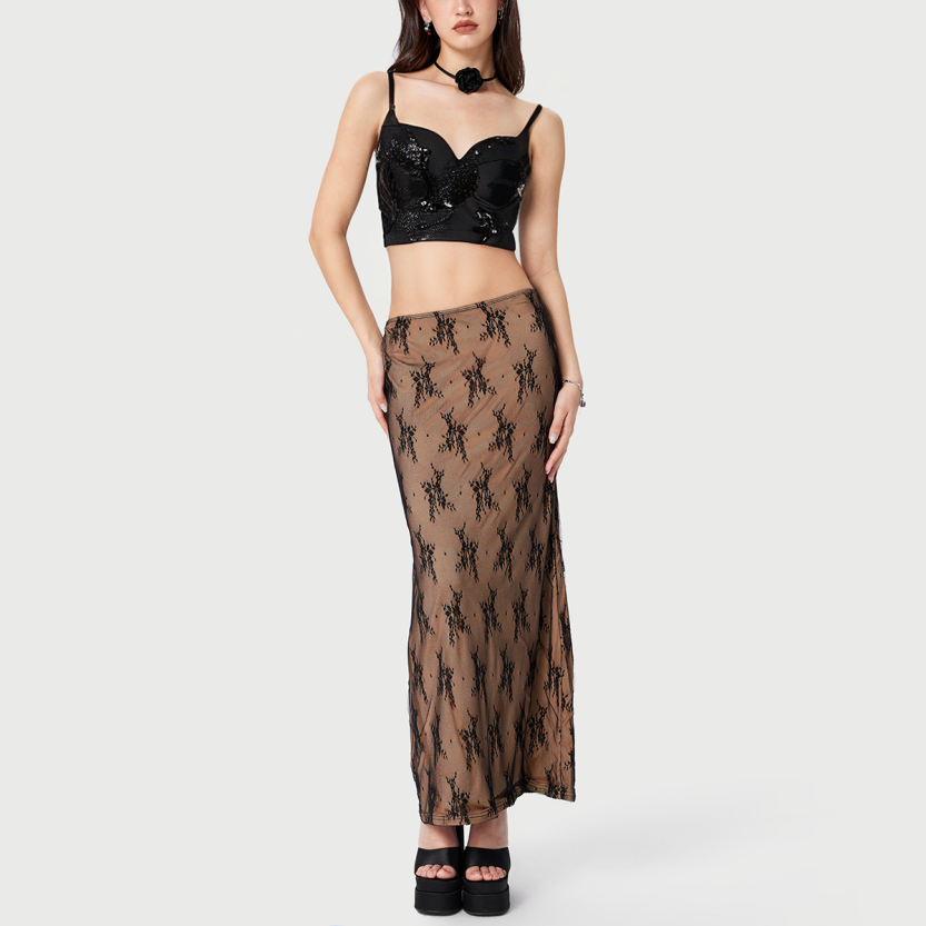 Black beaded sequin embroidered waist bodycon top