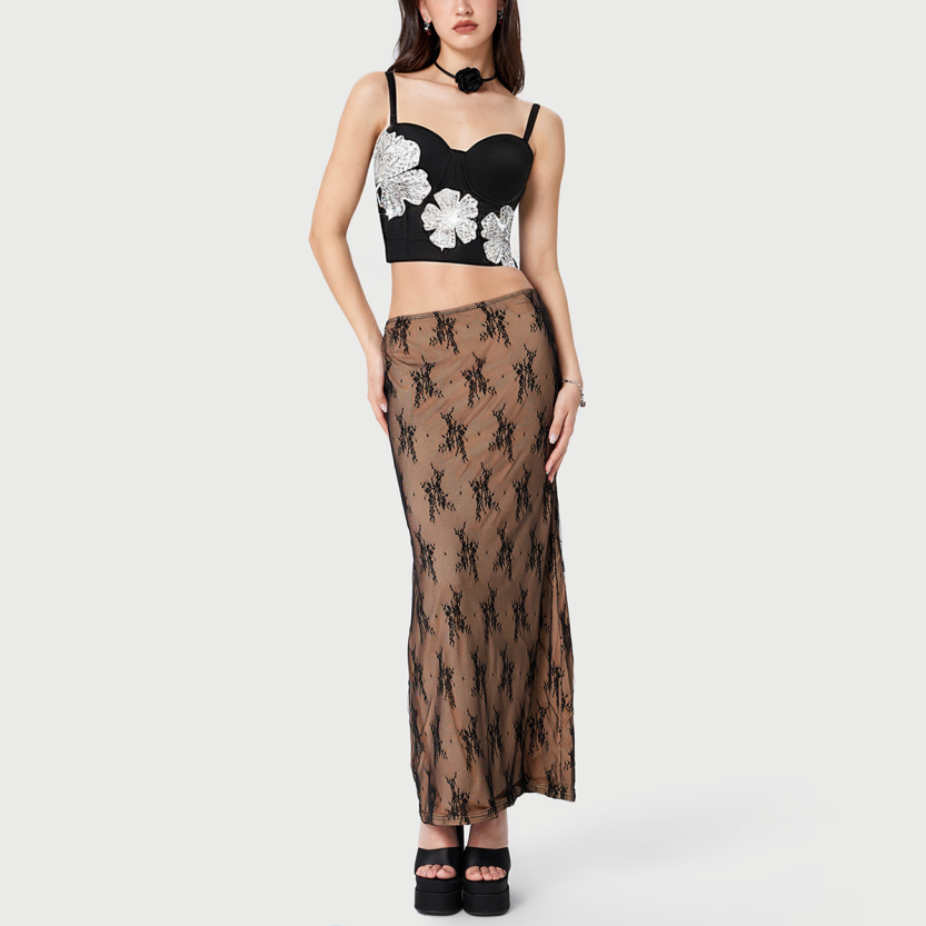 Black corset top with crystal flowers