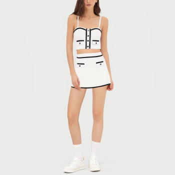 Knitted cropped top and button-embellished skirt set