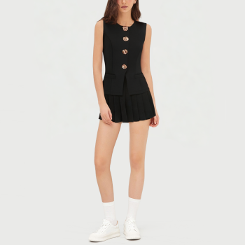 Black and gold button pleated mini skirt set