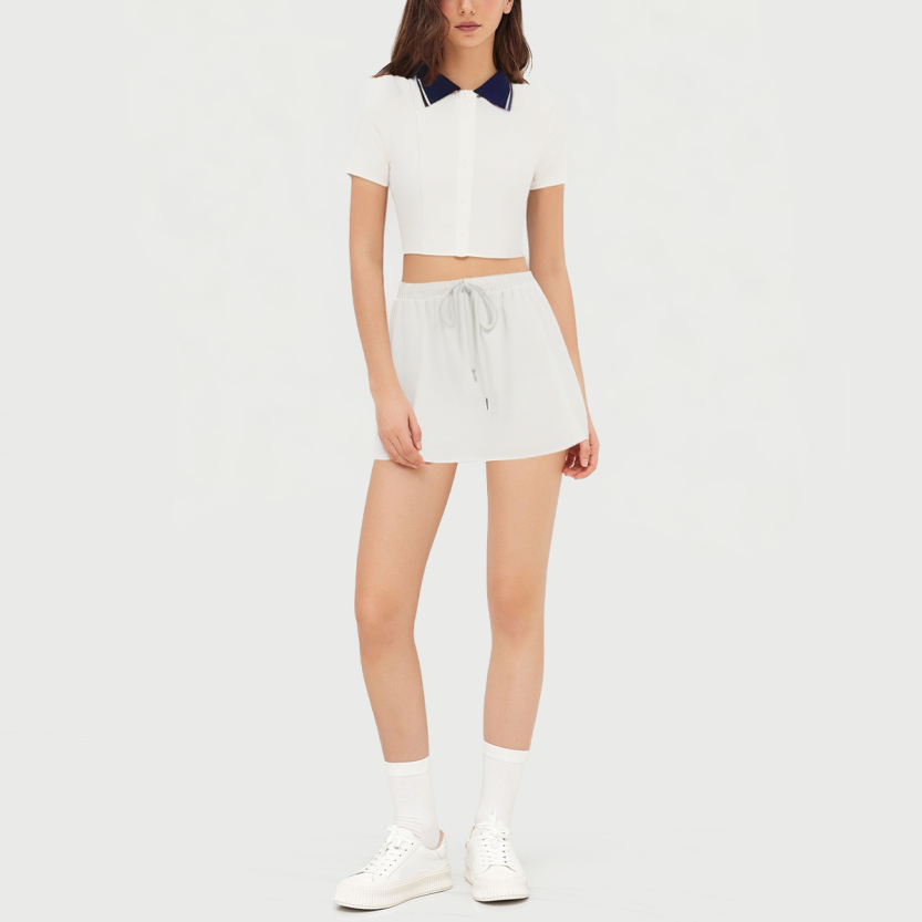 Tennis-inspired knitted mini skirt